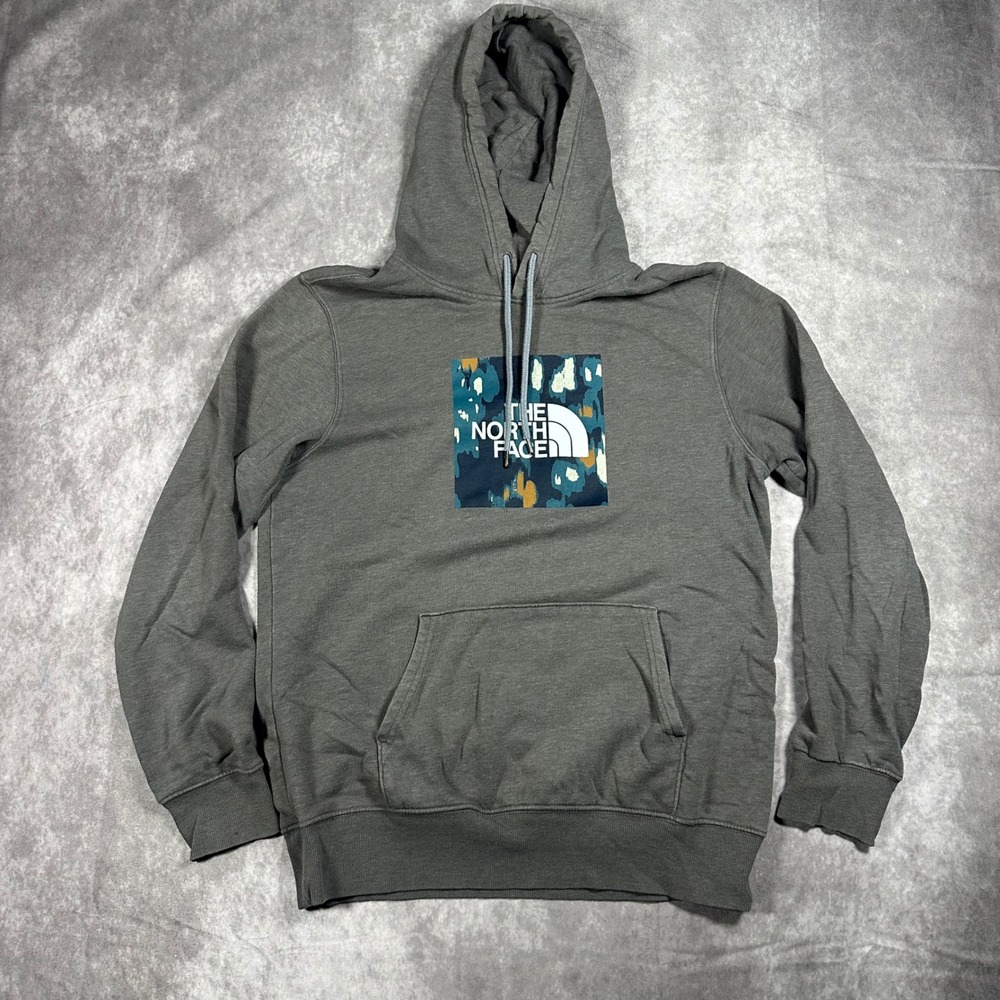 The North Face Mens L Gray Box Logo Fleece Hoodie Pullover Sweatshirt Athletic